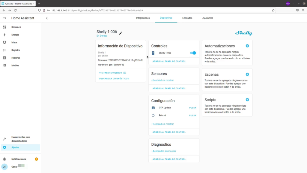 Detalles del Shelly 1 configurado
